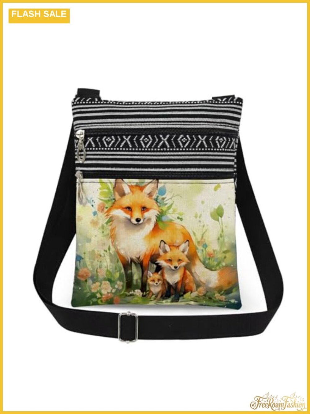 Fox Print Crossbody Bag, Adjustable Strap, Polyester Travel Purse